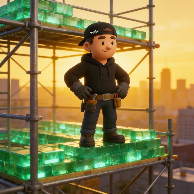 A 3D-rendered character wearing a 'WAX' cap and black hoodie stands on scaffolding made of glowing green blocks with a city skyline at sunset in the background.