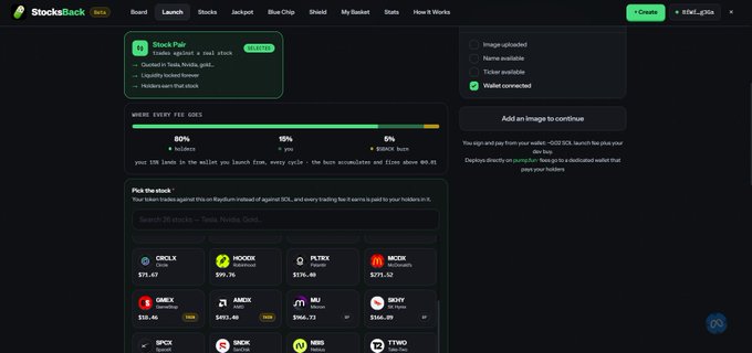 The image shows the StocksBack launchpad interface, highlighting a $1 "Stock Pair" listing with an 80%/15%/5% fee distribution breakdown and stock ticker options including CRCLX, HOODX, PLTRX, MCDX, GMEXX, AMEXX, MU, MSFT, BPCX, SNCK, NBIS, and TTWO. This visually represents the post's announcement about the new Stocks Pair feature, where tokens can be launched on Raydium and paired with pre-IPO stocks via partners like Backpack and xStocksFi, with the platform's signature diamond hand fee structure.