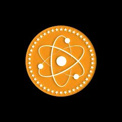 An orange circular logo featuring a white atom-like design with stars around the border, set against a black background.