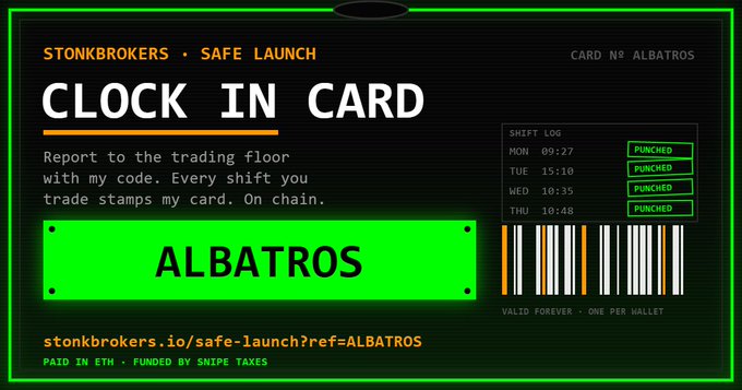 A digital 'CLOCK IN CARD' from STONKBROKERS SAFE LAUNCH, card number ALBATROS, displaying shift log entries marked as PUNCHED for Monday through Thursday with a neon green and black design.