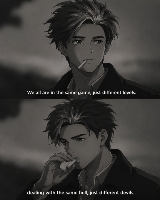 A black-and-white anime image of a young man smoking a cigarette, with overlaid text reading "We all are in the same game, just different levels. dealing with the same hell, just different devils." 

The image's quote about everyone facing similar struggles despite different circumstances mirrors the poster's sentiment about the difficulty of their trading journey and lack of big wins, reflecting a shared frustration across the trading community.