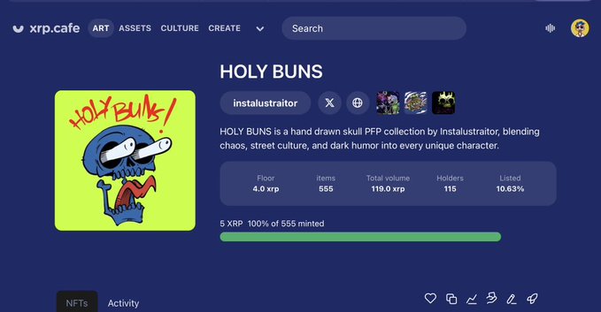 An xrp.cafe NFT collection page displays 'HOLY BUNS,' a hand-drawn skull PFP collection by instalustraitor with 555 items, 119 holders, 119.0 XRP floor, and a sold-out status.