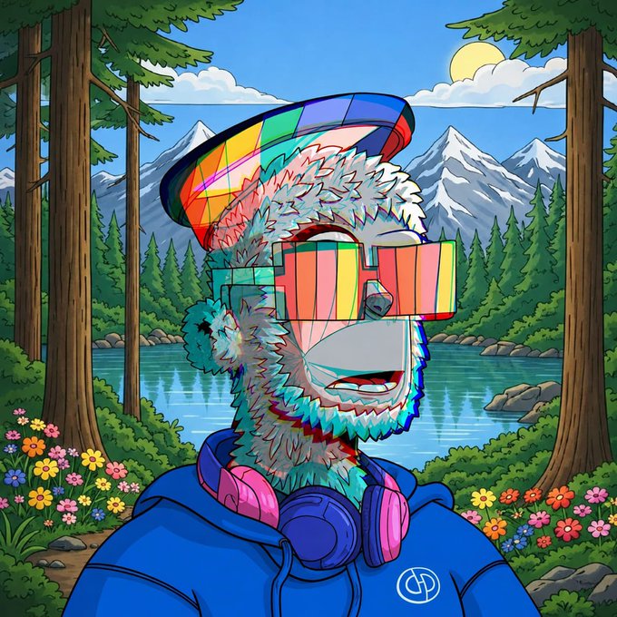 A vibrant digital illustration of a man with a beard wearing colorful pixelated sunglasses, a rainbow hat, and pink headphones around his neck, set against a scenic mountain lake backdrop with pine trees.