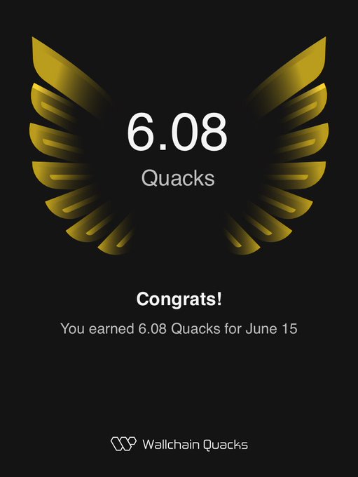 The image shows a poster or advertisement for Wallchain Quacks, featuring an illustration of a bird's wing with gold accents against a black background. The text at the bottom of the image reads "Congratulations! You earned 6.08 Quacks for June 15". This suggests that the poster is promoting a rewards program where users can earn points by participating in certain activities or making purchases from Wallchain Quacks, and these points can be redeemed for Quacks.