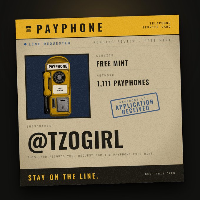 A stylized “PAYPHONE” telephone service card advertises “FREE MINT,” “NETWORK 1,111 PAYPHONES,” and “STAY ON THE LINE,” with “@TZOGIRL” prominently displayed.