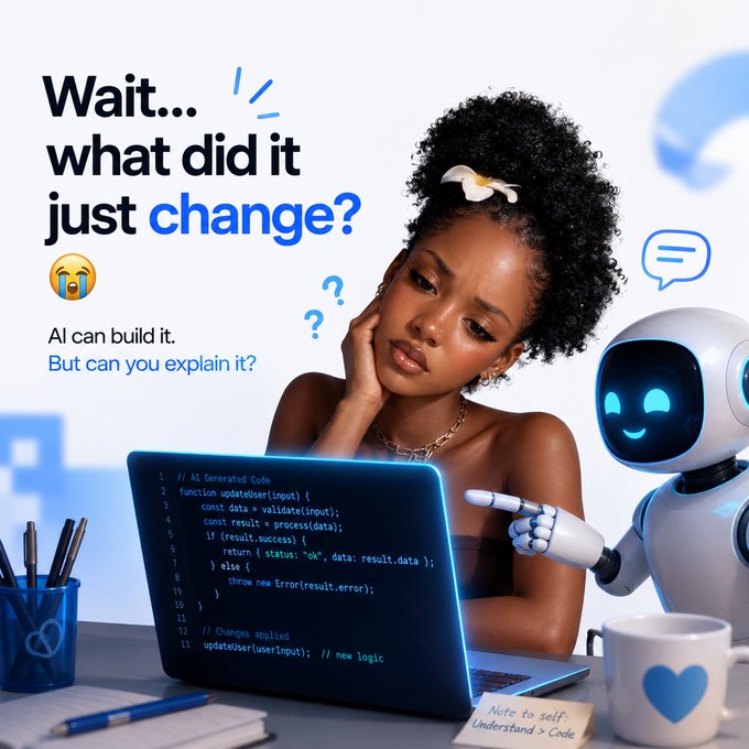 A promotional graphic asks 'Wait... what did it just change?' questioning whether AI can be explained, showing a woman looking confused at a laptop displaying code while a small robot points at the screen.