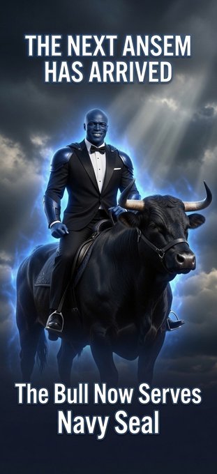 A man in a tuxedo rides a massive black bull amid dramatic clouds and blue energy, with text declaring "THE NEXT ANSEM HAS ARRIVED" above and "The Bull Now Serves Navy Seal" below. The image promotes the $NAVYSEAL meme token, using bold, bullish imagery to hype the project's launch on Solana.