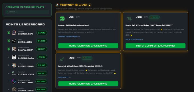 A cryptocurrency airdrop/testnet dashboard for 'TESTNET IS LIVE!' on Convy Network showing a Points Leaderboard, daily wallet connection tasks, and auto-claim buttons on Launchpad.