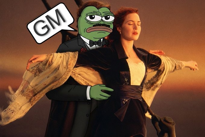 A green Pepe the Frog character wearing a suit says "GM" (Good Morning) in a speech bubble while hugging a woman on the bow of a ship (the iconic "I'm flying" scene from Titanic), cleverly conveying a morning greeting that ties into the post's "GM Have a great Sunday" message about Quip Network's Proof of Useful Work.