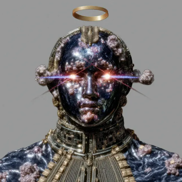A surreal sci-fi humanoid figure with a cosmic, nebula-textured face, glowing laser-like eyes, a golden halo, and ornate gold metallic armor.