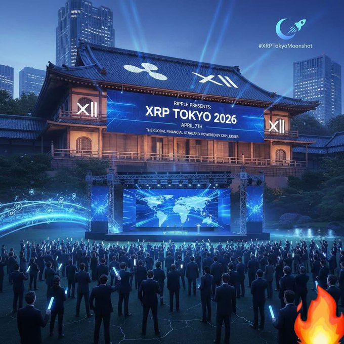Promotional artwork for 'XRP TOKYO 2026' on April 7th, presented by Ripple and powered by XRP Ledger, showing a large crowd at a Japanese temple-style venue with a stage displaying a world map.