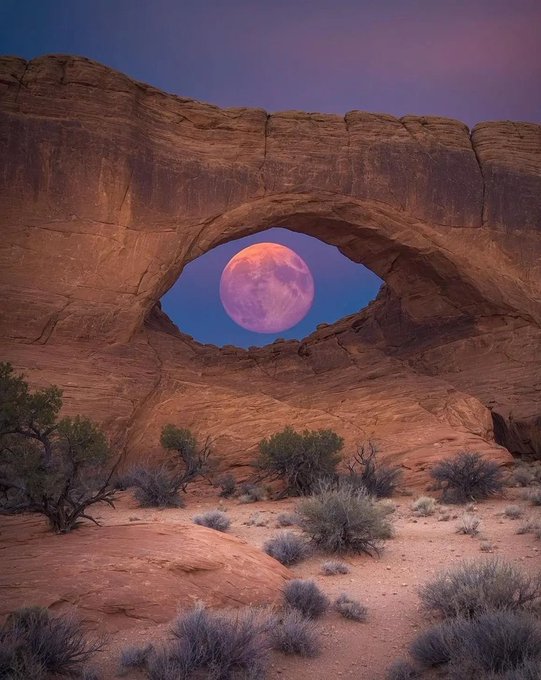 A massive full moon perfectly framed within a natural sandstone arch, creating a striking "moon eye" against the twilight sky above a desert landscape dotted with shrubs. The circular opening in the rock formation resembles an enormous eye gazing upward, with the glowing pinkish-purple moon serving as the iris.
