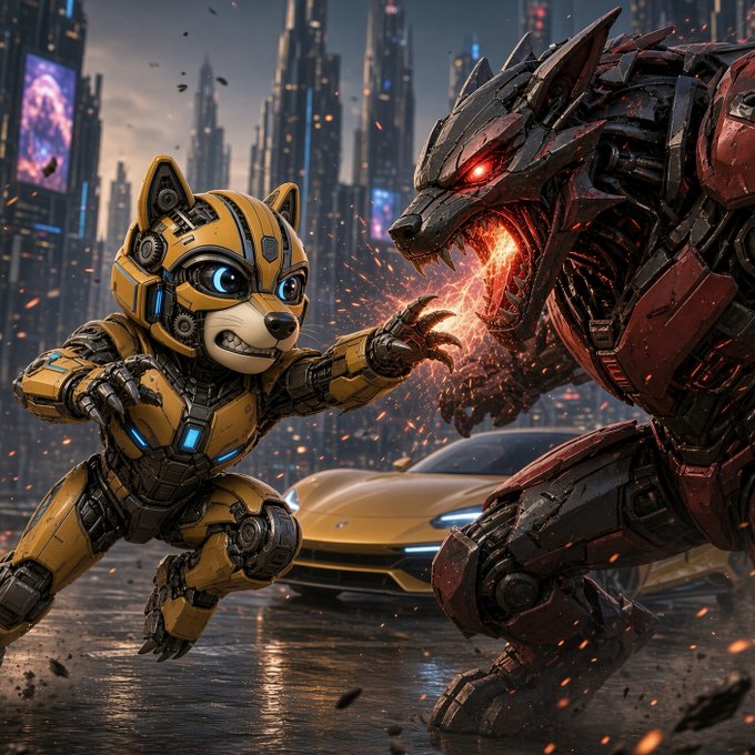A yellow robotic Shiba Inu dog and a large red mechanical wolf face off in battle in a futuristic city, with a yellow sports car parked behind them.