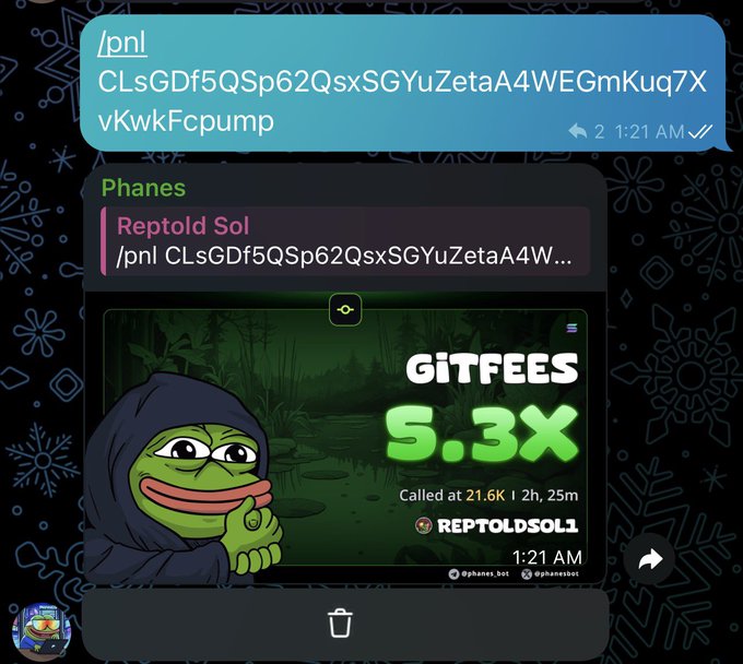 Telegram conversation showing a pump.fun (/pnl) command with response from @phanes_bot displaying 'GITFEES 5.3x Called at 21.6K | 2h, 25m' for token REPTOLDSOL1, featuring a Pepe frog character in a hooded cloak.