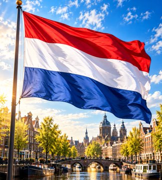 A large Dutch flag waves prominently against a blue backdrop, with the iconic Amsterdam skyline and canal visible below. The image visually represents the Netherlands as the government reconsiders its proposed 36% unrealized gains tax on Bitcoin and crypto holdings.