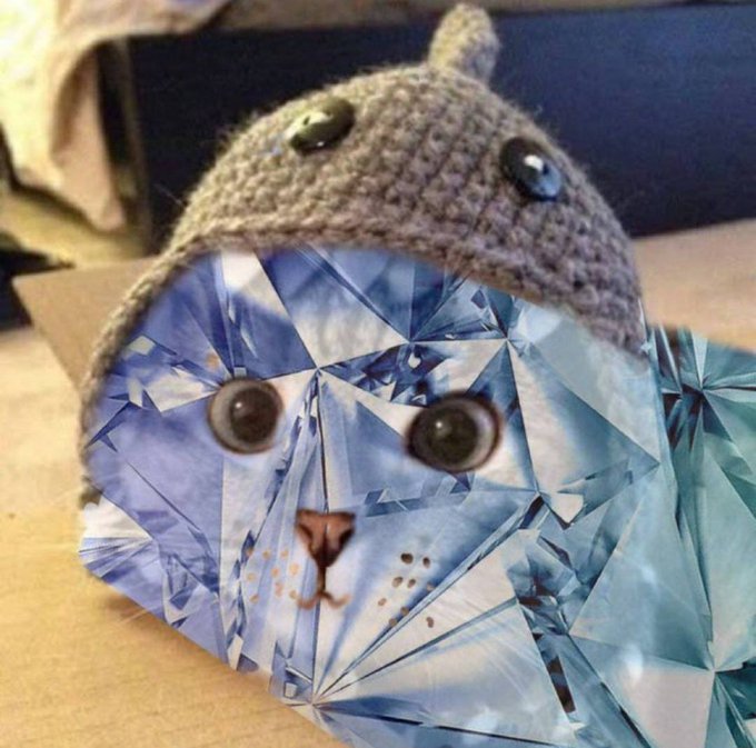 A crocheted gray cat hat sits atop a blue crystalline origami-like figure with a drawn cat face, representing the "Shark Cat" meme and NFT that helped launch PumpFun's early viral coin era.