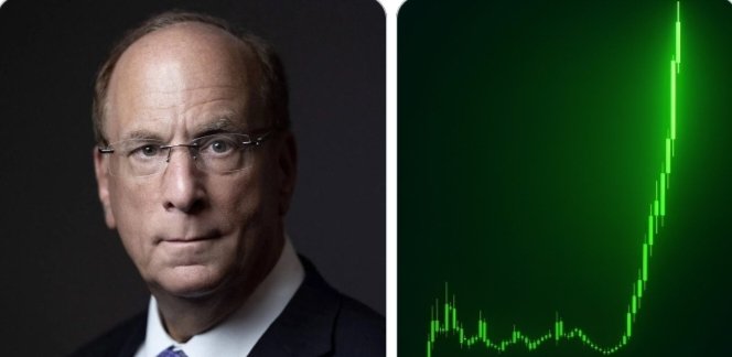 A portrait of BlackRock CEO Larry Fink appears alongside a green stock chart showing a sharp upward spike, visually reinforcing the post's claim that BlackRock deployed approximately $266M ($205.91M in Bitcoin and $59.94M in Ethereum) into crypto, with the surging chart symbolizing bullish institutional accumulation.