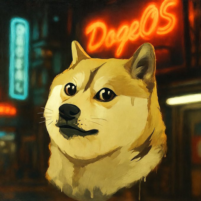 The image features a cartoon dog with a yellow color, looking at something or someone off-camera. The background of the image shows neon lights from a building, which could be an art studio or a restaurant. There are also some words visible on the image that read "DogeOS". This suggests that the image is related to a Dogecoin project or a similar creative work involving the cartoon dog and neon-lit surroundings.