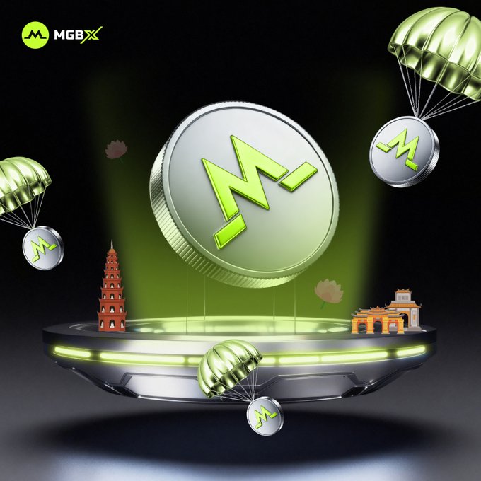 A large silver coin featuring the green "M" logo of MGBX hovers above a futuristic platform showcasing miniature Vietnamese landmarks—a traditional pagoda tower and a yellow colonial-style building—with branded parachutes delivering more MGBX coins, symbolizing the exchange's arrival in Vietnam. The "MGBX" branding in the corner reinforces the announcement of their official launch into the Vietnamese market.