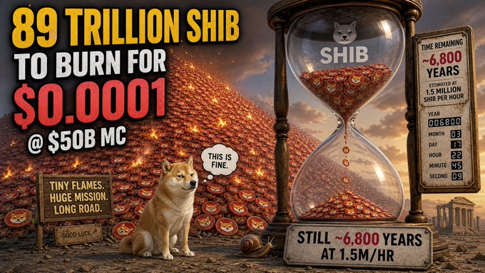 A meme-style infographic about the Shiba Inu (SHIB) token showing an hourglass filled with coins, a Shiba Inu dog, and text stating '89 TRILLION SHIB TO BURN FOR $0.0001 @ $50B MC' with a countdown of ~6,800 years.