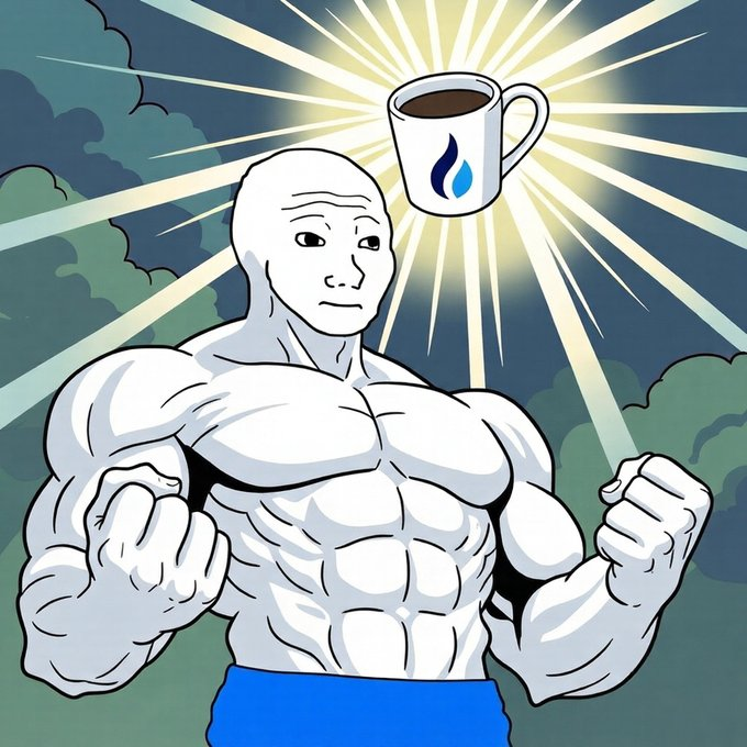 A muscular Wojak-style figure flexes its biceps under a glowing sun, with a floating coffee mug bearing the HTX water-drop logo radiating divine light above its head.