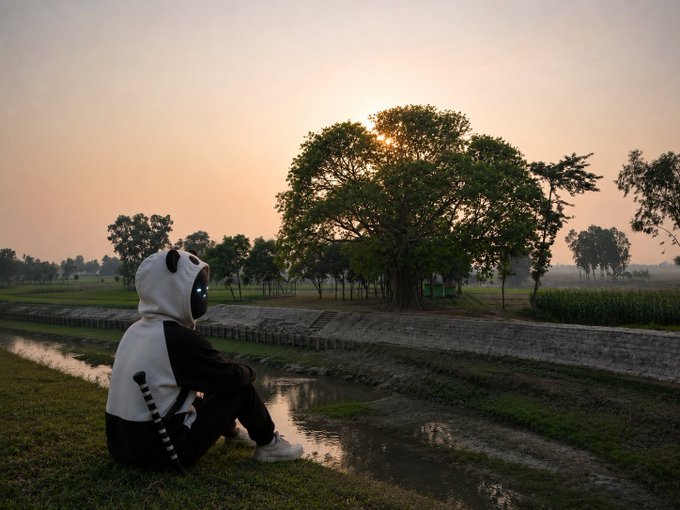 A person wearing a panda hoodie sits on grassy ground beside a narrow water channel, looking toward a sunset glowing through silhouetted trees in a rural landscape.