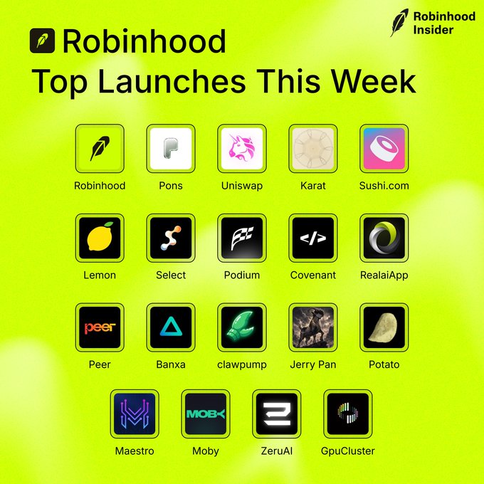 A vibrant green graphic titled "Robinhood Top Launches This Week" showcases a grid of 19 token/app launches, including Robinhood, Pons, Uniswap, Karat, and Sushi.com in the top row, with the caption highlighting key updates like Robinhood Cortex's Android expansion and Pons V2's next-generation launch infrastructure.