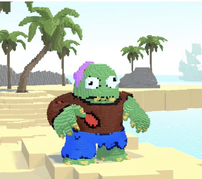 A 3D voxel-style green monster character with a purple patch on its head, wearing a brown shirt and blue pants, standing on a sandy beach with palm trees.