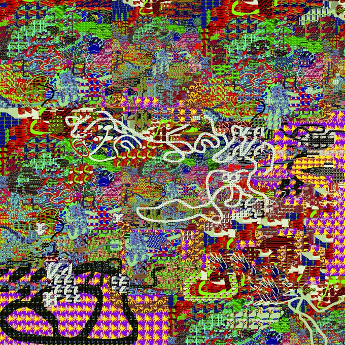 Vibrant, chaotic glitch-art collage featuring swirling neon colors, geometric patterns, and a white scribbled signature/logo in the center, resembling album artwork or digital fan art.