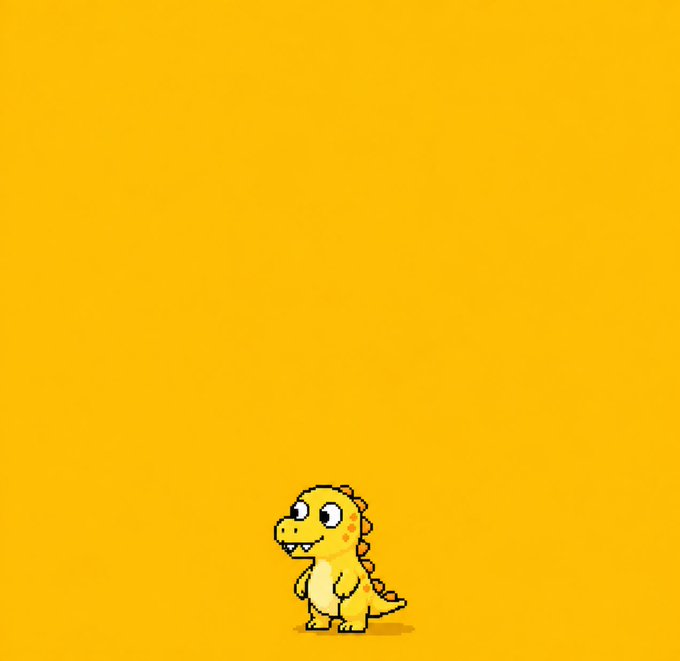 A small cartoon dinosaur character standing alone at the bottom of a yellow background.