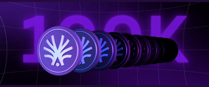 A lineup of purple and blue ActionFi token coins recedes into the distance against a glowing purple backdrop featuring the large text "100K," visually emphasizing the $100K SIXR campaign reward highlighted in the post about ActionFi's action-based earning model.