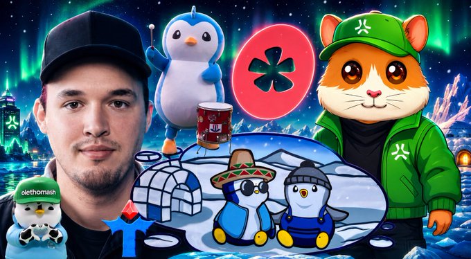 A collage featuring a young man in a black cap, various penguin mascots (one labeled 'olethomash'), an orange cat mascot in a green hoodie, igloos, and a red asterisk logo, all set against a snowy backdrop with the aurora borealis.