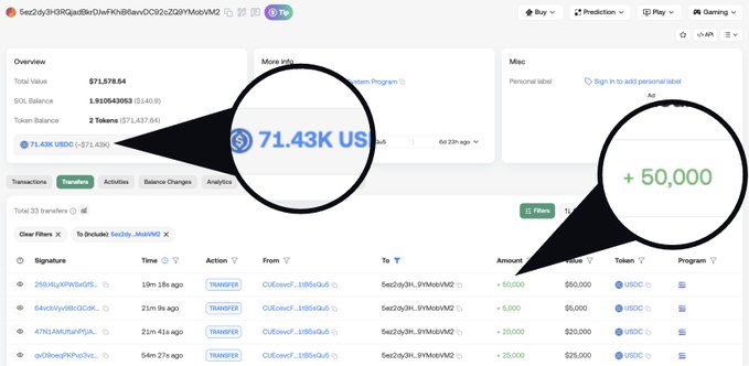 The image shows a crypto wallet with a total value of $71.43K USDC, which was just credited with an additional +$50,000. This visual evidence supports the claim that the Moonpay dev wallet was topped up and shows the transaction details.