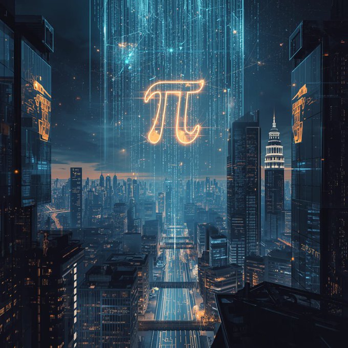 A futuristic cyberpunk cityscape at night featuring a glowing orange Pi (π) mathematical symbol hovering between skyscrapers with digital data streams.