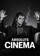 A stylized black-and-white illustration of a sharply dressed, long-haired man with a raised hand and a dramatic aura, with the bold text "ABSOLUTE CINEMA" at the bottom. The post humorously treats this generic "cinema" moment as a grand reveal tied to the user sweeping a collection called "MadLads," using Big Wang (likely the man's identity) as a punchline.