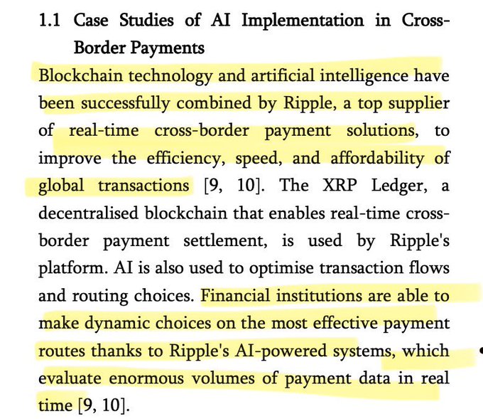 The image shows an academic text excerpt titled "1.1 Case Studies of AI Implementation in Cross-Border Payments," which highlights how Ripple combines blockchain and AI technologies—specifically using the XRP Ledger and AI-powered systems—to improve the efficiency, speed, and affordability of real-time cross-border payment transactions for financial institutions.
