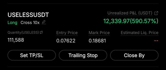 A trading interface shows a 'Long Cross 10x' position for USELESSUSDT with 111,588 quantity, an entry price of 0.07622, a mark price of 0.18681, and an unrealized P&L of 12,339.97 (590.57%).