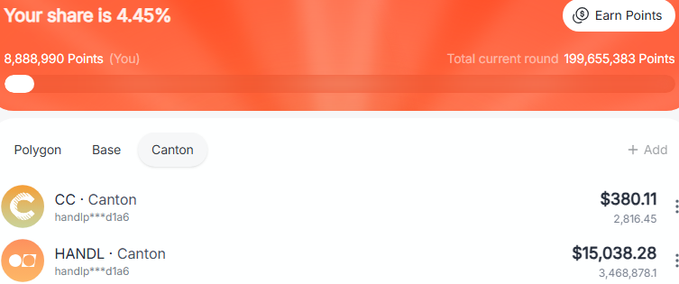 A dashboard showing 'Your share is 4.45%' with 8,888,990 Points against a 'Total current round 199,655,363 Points,' featuring holdings for CC · Canton ($380.11) and HANDL · Canton ($15,038.28).