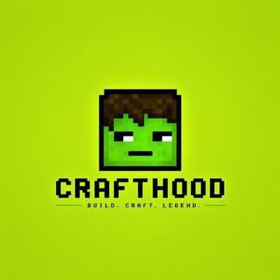 Logo for 'CRAFTHOOD' displayed in pixelated/blocky font with the tagline 'BUILD. CRAFT. LEGEND.' beneath a green pixel-art character face on a green background.
