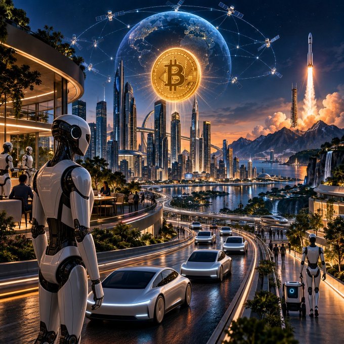 A futuristic sci-fi cityscape featuring humanoid robots, sleek cars on winding roads, towering skyscrapers, a large Earth with a Bitcoin symbol, satellite networks, and a rocket launching into the sky.