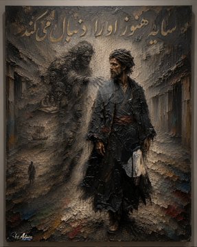 A dark, painterly digital artwork showing a bearded man in a turban and dark coat holding a sword in a narrow, atmospheric street, with Arabic script at the top and a small signature 'Ali Azimi' in the bottom left.