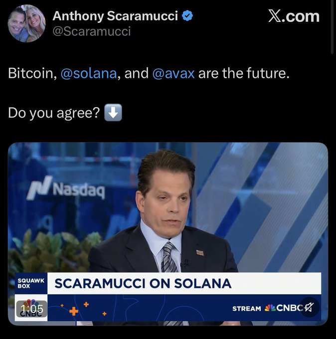 A tweet from Anthony Scaramucci (@Scaramucci) on X.com stating 'Bitcoin, @solana, and @avax are the future. Do you agree?' alongside a CNBC Squawk Box interview clip captioned 'SCARAMUCCI ON SOLANA.'