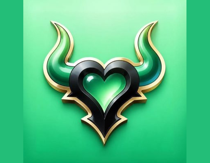 A glossy green and black heart emblem with wings and gold trim displayed on a green background.