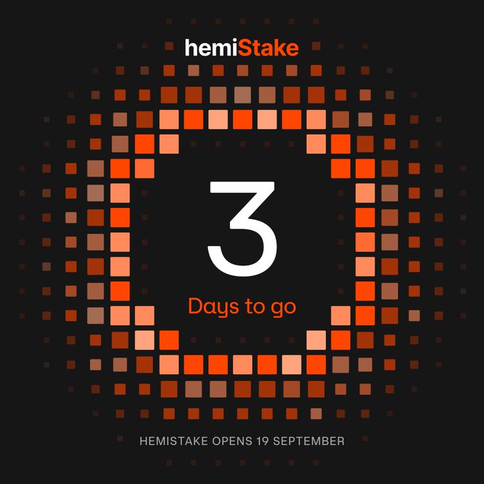 hemiStake countdown graphic showing '3 Days to go' with the note 'HEMISTAKE OPENS 19 SEPTEMBER.'