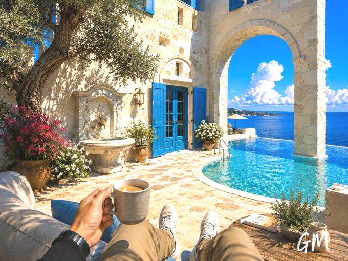 A first-person view of someone relaxing with a coffee cup by a stunning infinity pool overlooking the sea at a Mediterranean-style villa, with a stone archway and blue-shuttered doors in the background; the "GM" watermark and luxurious setting suggest a leisurely crypto/Web3 lifestyle post, contrasting the casual "gm" vibe with the mention of QuipSwap and QuipSwap's post-quantum tech.