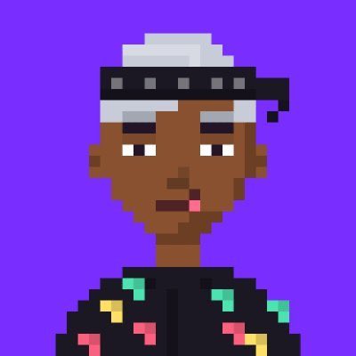 A pixel art portrait of a Black character with white hair and a black headband, wearing a colorful patterned shirt against a purple background, likely representing Danko, one of the collaborating artists in the "Whitelist Collaboration" mentioned in the post.