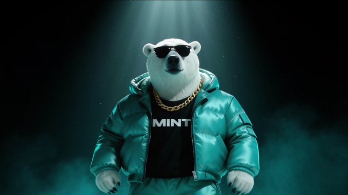 A digitally rendered image of a polar bear wearing sunglasses, a gold chain, and a teal puffer jacket over a black 'MINT' t-shirt.