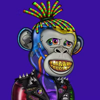A vibrant digital artwork of a punk-styled Bored Ape with rainbow dreadlocks, gold grillz reading 'LUNAR K00TZ', and a spiked jacket with utility patches against a purple background.