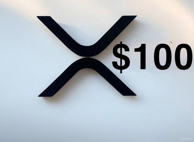 The image displays the XRP cryptocurrency logo alongside bold text reading "$100," visually reinforcing the post's optimistic price prediction and call for "generational wealth." The sleek black logo against a clean background serves as a striking visual anchor for the bullish XRP and $XPUMP hype.