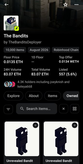 Screenshot of a Web3 NFT marketplace listing for "The Bandits" collection by TheBanditsDeployer on Robinhood Chain, featuring 10,000 items, a floor price of 0.0135 ETH, and 24H volume of 83.07 ETH, with two unrevealed Bandit NFT items shown at the bottom that the user appears to have minted.